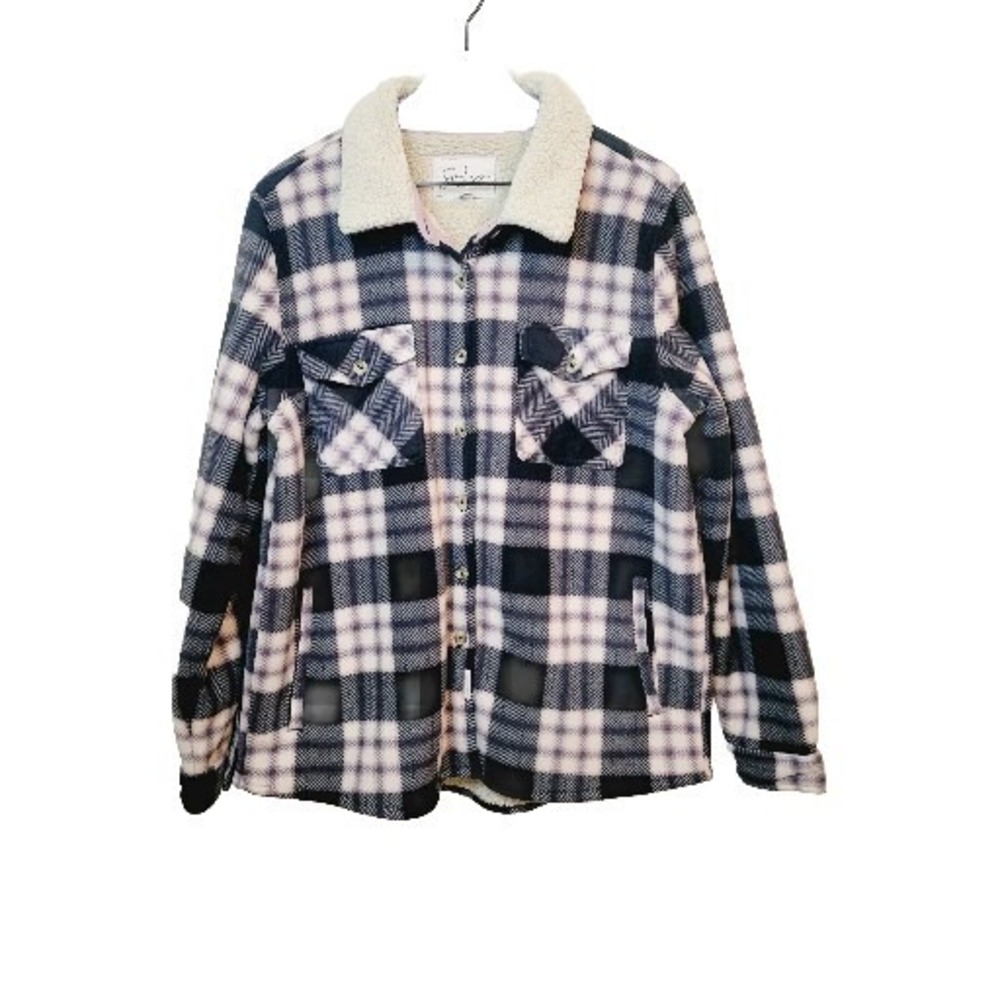 Soho Threads Womens XL Plaid Sherpa Lined Fleece Shirt Jacket Shacket Navy Pink - Picture 1 of 16